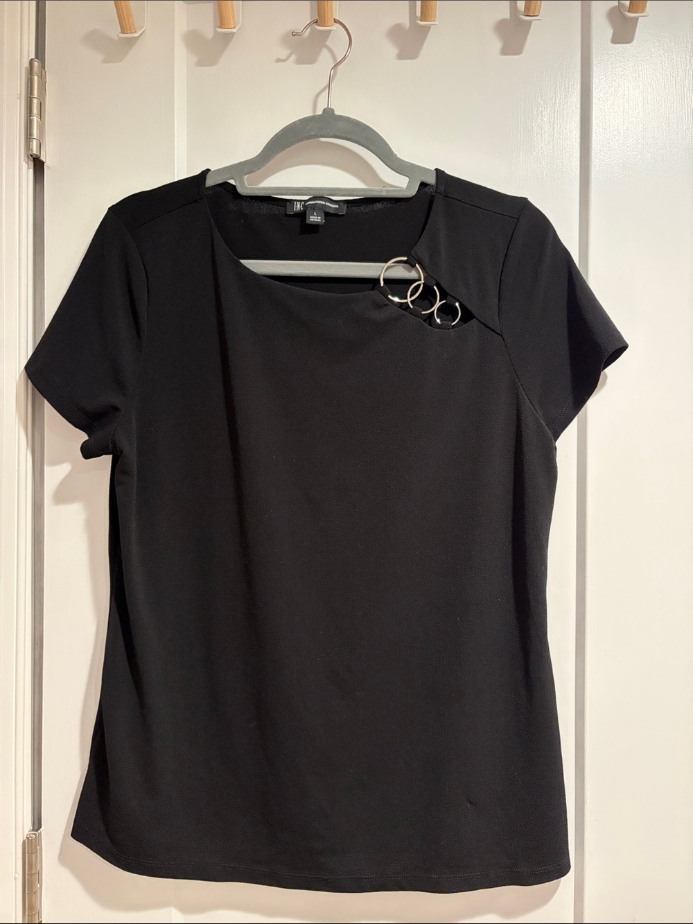INC International Concepts Black Short-Sleeve Top with Triple Ring Detail